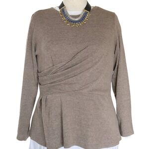 Wms Marled Knit Twist Front Top L Taupe Dolman Sleeve Balletcore Quiet Luxury